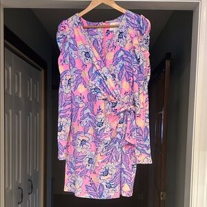 Lilly Pulitzer Colorful Pink Blue Print Faux Wrap Long Sleeve Romper Size 8